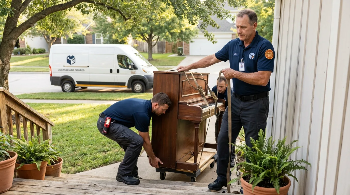 Licensed piano movers securing grand piano in Ama, LA
